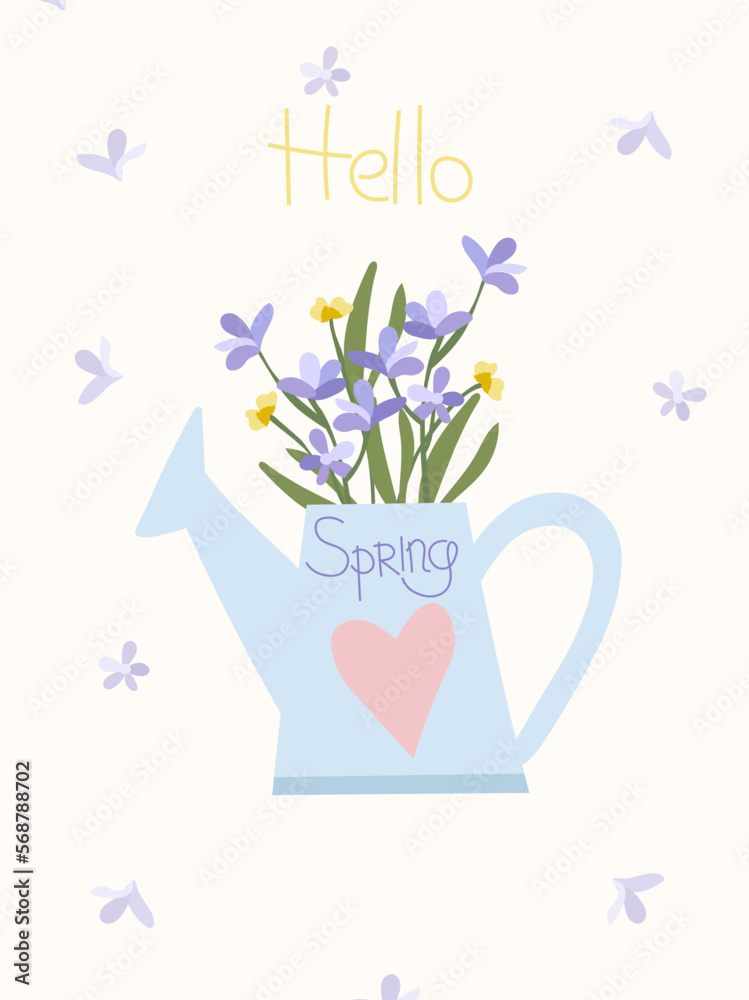Blooming spring flowers and leaves in a watering can. Postcard Spring flowering. Ideal for banners, cards, posters, stickers. Vector illustration.