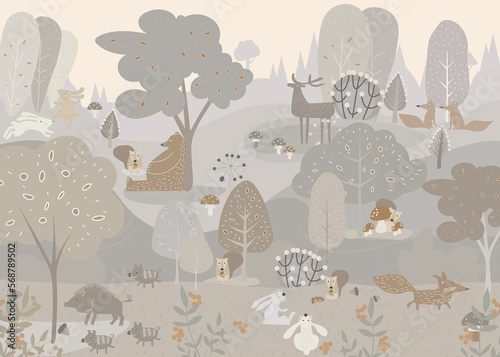Tableau sur toile Composition with forest animals and natural elements