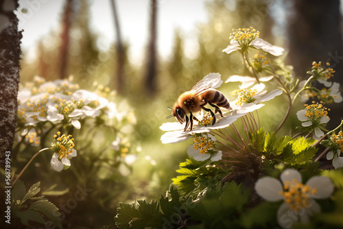 Honey bee collecting bee pollen from white flower blossom in sunlight, Bee collecting honey, ai generated.