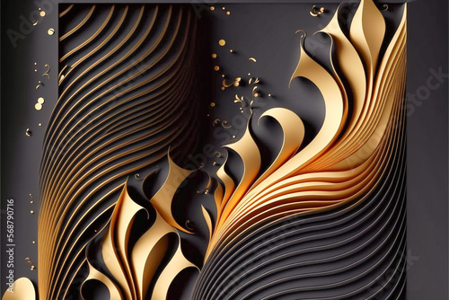 Abstract paper cut background with lines and leaves. Dark black and golden colors, Generative AL