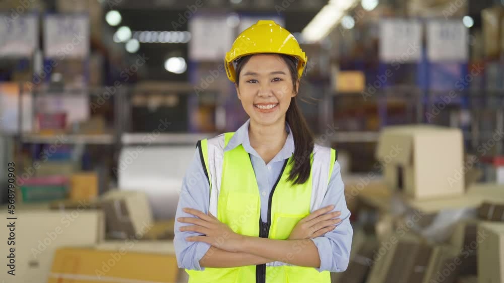 Portrait of Asian woman worker working in large warehouse retail store industry factory. Rack of stock storage. Cargo in ecommerce and logistic concept. Depot. People lifestyle. Shipment service. Portrait of Asian woman worker working in large warehouse retail store industry factory. Rack of stock storage. Cargo in ecommerce and logistic concept. Depot. People lifestyle. Shipment service.