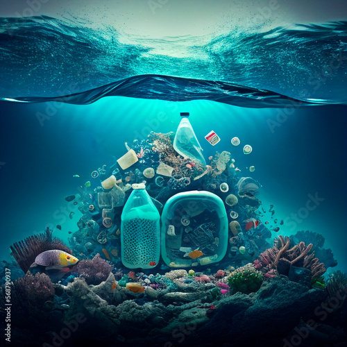 Garbage in the ocean, ecological concept, ai generation