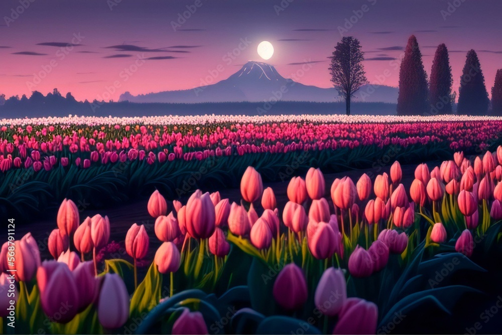 tulips at sunset created with Generative AI technology