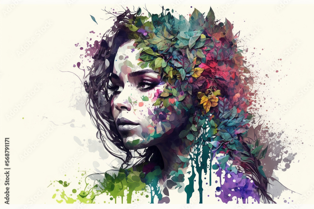 Spring Blossoms with Beautiful Aquarella brush Woman and spring flowers and vegetation elements. Ai generated