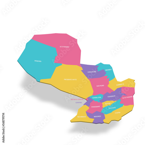Paraguay political map of administrative divisions - departments and capital district. 3D colorful vector map with name labels.