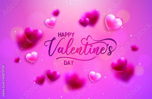 card or banner to wish a happy Valentine's Day in pink and mauve on a gradient pink background with light and dark pink hearts with some in bokeh effect and white circles