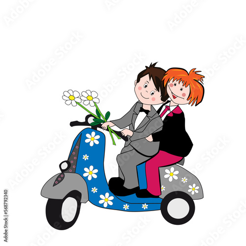 Pareja feliz montada en moto scooter con ramo de margaritas.