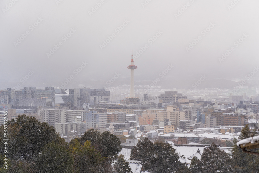 Snowy Kyoto City skyline panoramic view in winter.