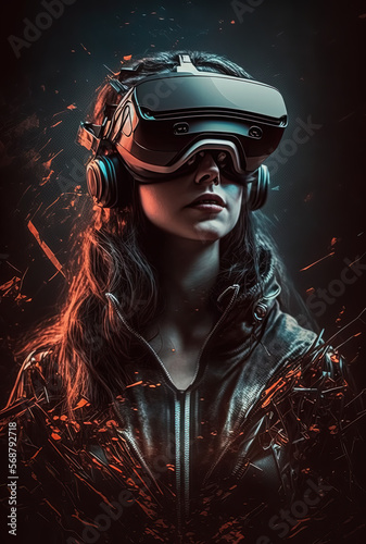 Young woman wearing a VR headset background cyber. 