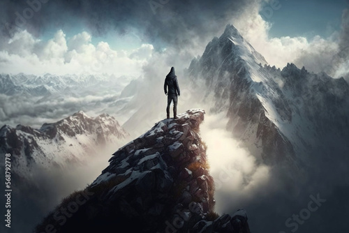 Man Reaching the Summit, man on top of a mountain. Ai generated © twindesigner