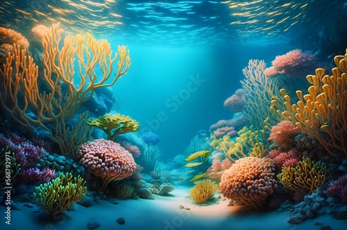 Colorful bright cartoon seabed with algae corals and azure water in a watercolor style.AI generated. photo