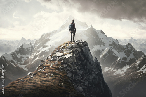 Man Reaching the Summit, man on top of a mountain. Ai generated © twindesigner