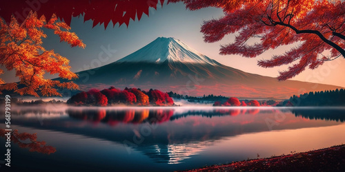 Beautiful colorful Autumn Season and Mountain Fuji with morning fog and red leaves at the lake, Generative AI 