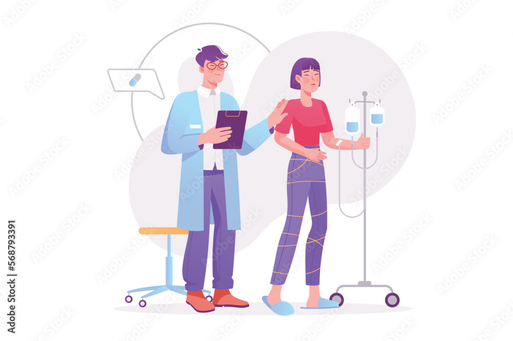 Fototapeta premium Medicine concept with people scene. Doctor treats patient and helps ill woman with dropper stand in hospital ward in medical clinic. Vector illustration with character in modern flat design for web