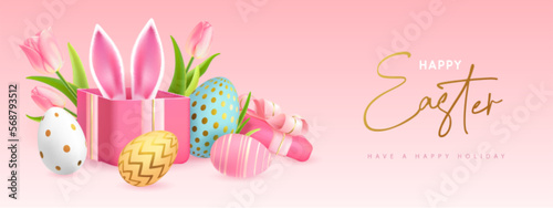 Happy Easter typography background with colorful easter eggs, open gift box and rabbit ears. Greeting card or poster. Vector illustration