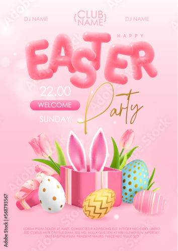 Happy Easter typography party poster with colorful easter eggs, open gift box and 3D text. Greeting card or poster. Vector illustration