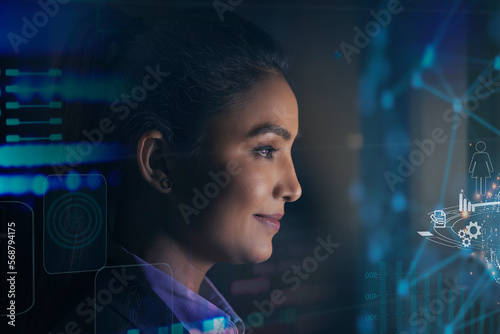 Digitally enhanced shot of a  technician/businesswoman working with virtual reality projection