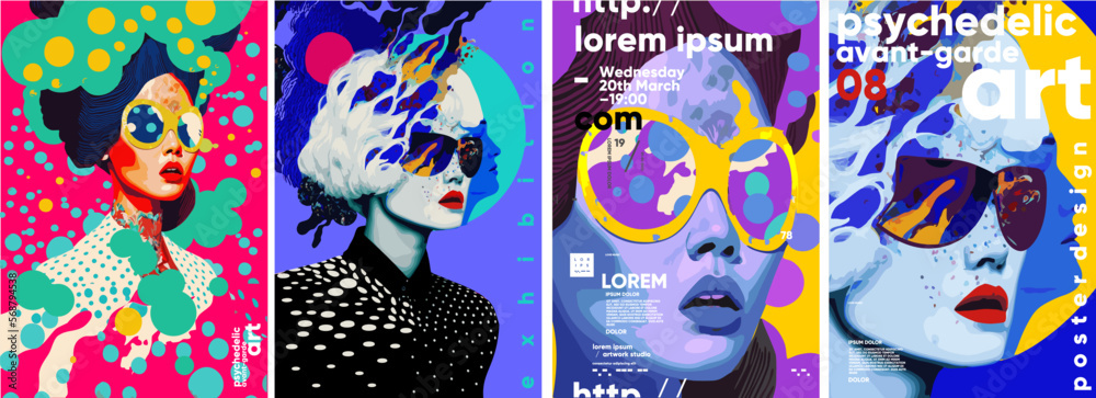 Psychedelic, avant-garde art. Set of vector illustrations. Colorful painting with strokes of paint splashes. Bright background for a poster, media banner, t-shirt print. - obrazy, fototapety, plakaty 