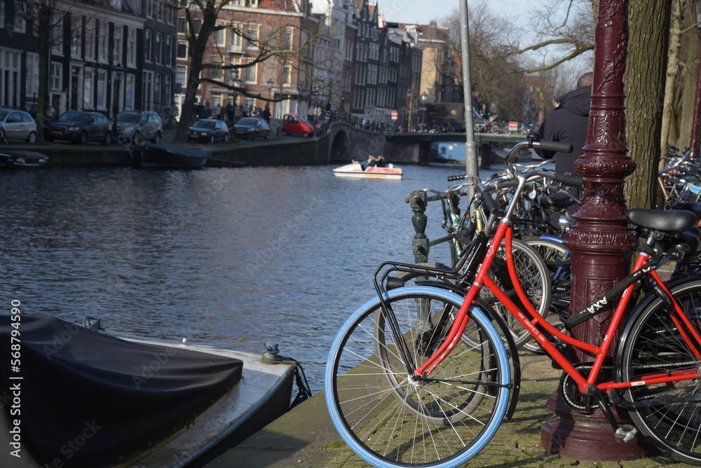 Red and blue bike in Amsterdam