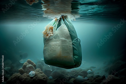 bags of waste and garbage and plastic waste floating in polluted sea. Generative AI