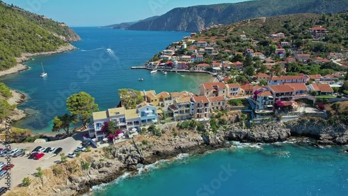 Aerial video of the beautiful Assos village in kefalonia island, ionian, west Greece.