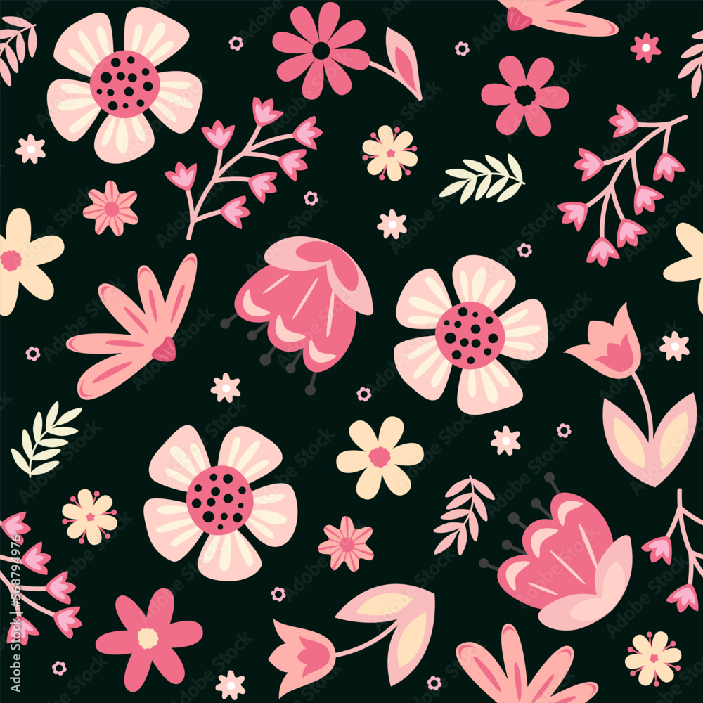 Simple seamless pattern with pink flowers. Ideal for wallpaper, gift paper, web page background, spring greeting cards Simple seamless pattern with pink flowers. Ideal for wallpaper, gift paper, web page background, spring greeting cards