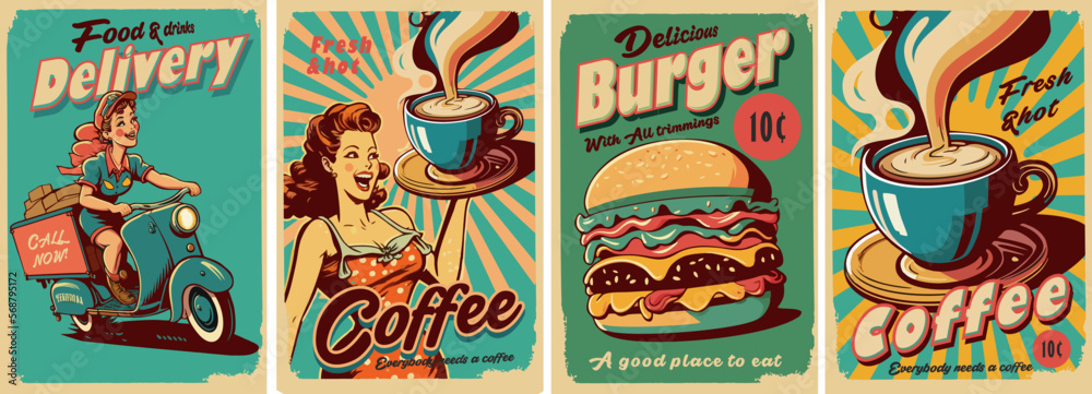 Vintage posters of the 50s, 60s. Fast food, coffee, burger, delivery. Set  of vector postcards. Stock Vector