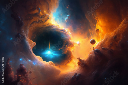 A breathtaking illustration of a space nebula surrounded by galactic dust. Ai generated © twindesigner