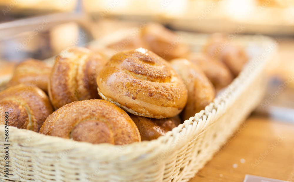 delicious fresh butter buns in baskets in bakery delicious fresh butter buns in baskets in bakery