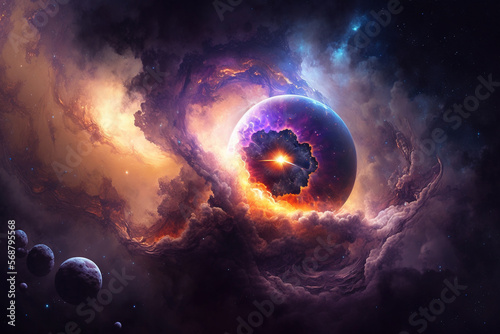 A breathtaking illustration of a space nebula surrounded by galactic dust. Ai generated