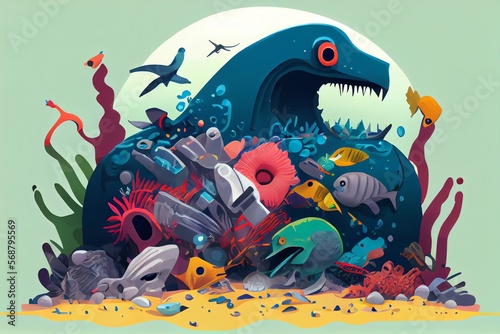 Plastic trash, hazardous waste, and suffering animals are polluting the environment. The environment is shown in a cartoonishly contaminated state. Generative AI