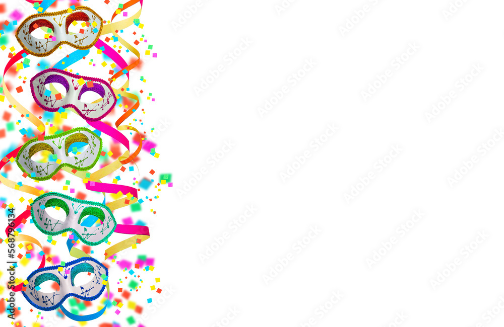 Festive overlay. Colorful explosion of confetti and curly paper ribbons with colored carnival mask. Multicolored party decorations. White background. Festive overlay. Colorful explosion of confetti and curly paper ribbons with colored carnival mask. Multicolored party decorations. White background.