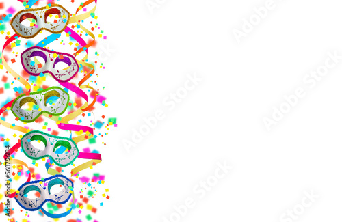 Festive overlay. Colorful explosion of confetti and curly paper ribbons with colored carnival mask. Multicolored party decorations. White background.