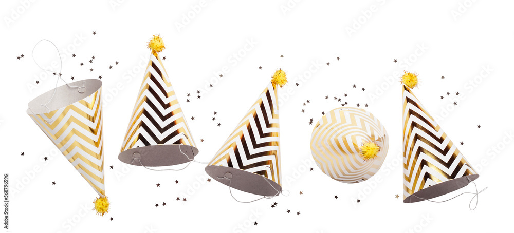 Striped golden cones hats and confetti on transparent background. Birthday holiday party concept - obrazy, fototapety, plakaty 