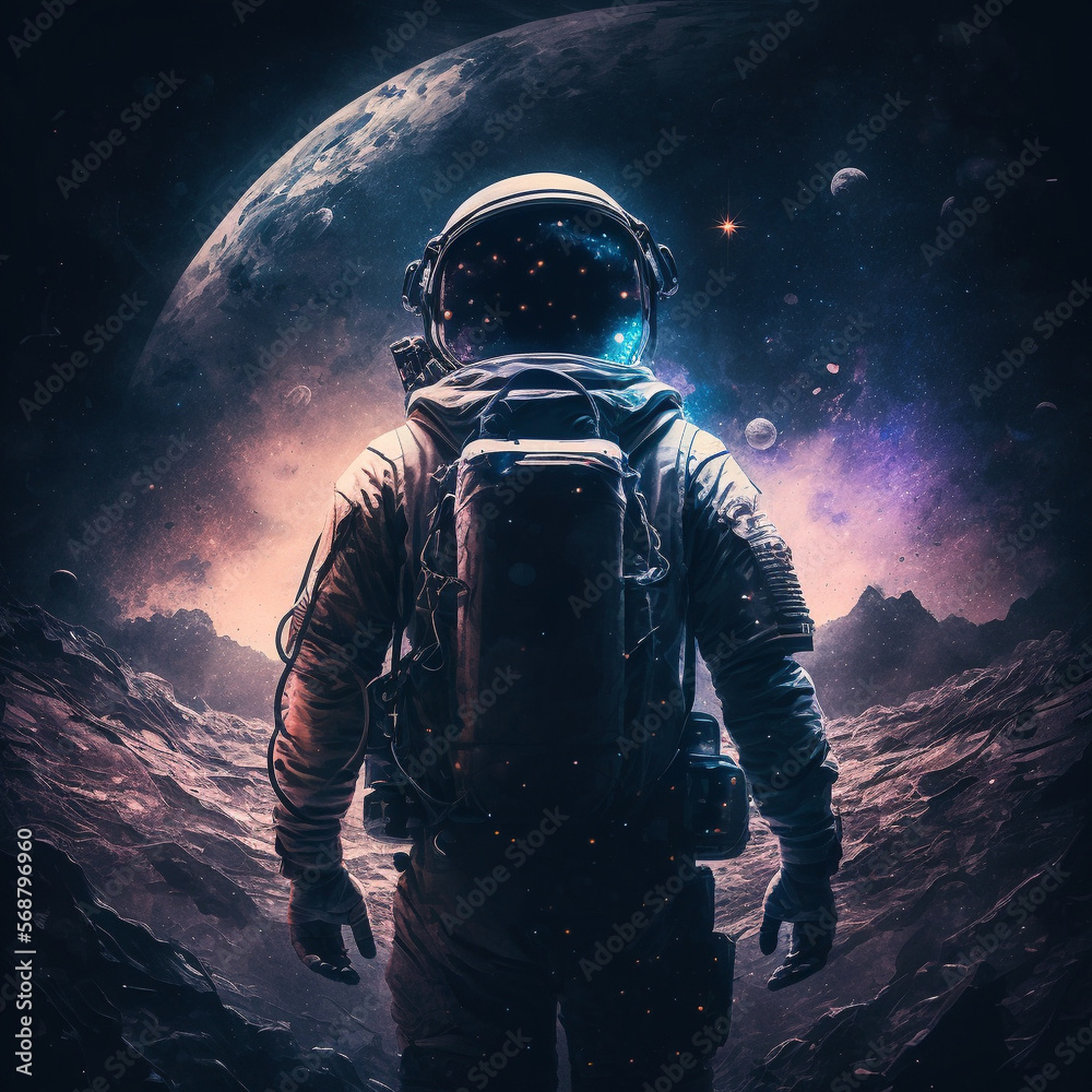 A stunning illustration of an astronaut in a suit exploring the depths of space, surrounded by magnificent breathtaking deep space imagery. Ai generated