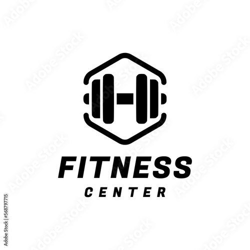 Fitness center logo design. Combination of H initial letter with dumbbell barbell logo 