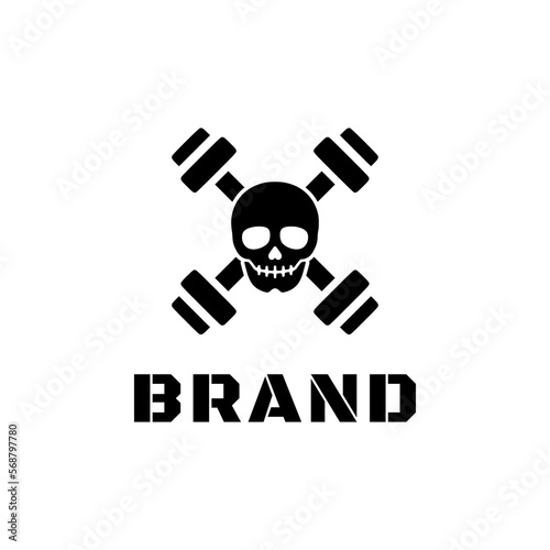 Black skull with dumbbell bone logo design. fitness, gym, workout, sport club logo.