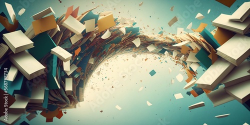 Fond d'écran, arrière plan abstrait, formes de livres et de lettres qui volent, IA générative
