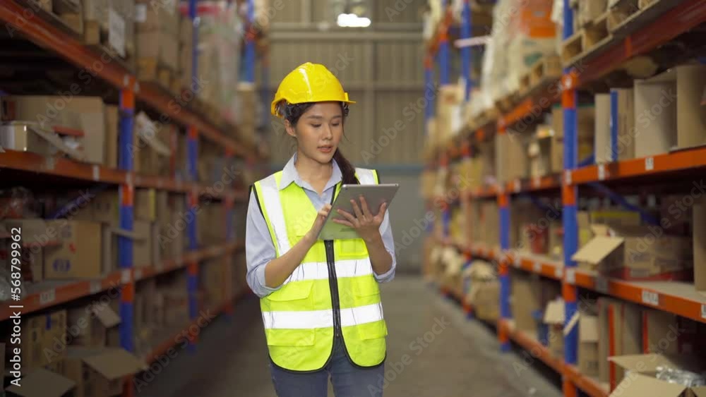 Portrait of Asian woman worker working in large warehouse retail store industry factory. Rack of stock storage. Cargo in ecommerce and logistic concept. Depot. People lifestyle. Shipment service. Portrait of Asian woman worker working in large warehouse retail store industry factory. Rack of stock storage. Cargo in ecommerce and logistic concept. Depot. People lifestyle. Shipment service.