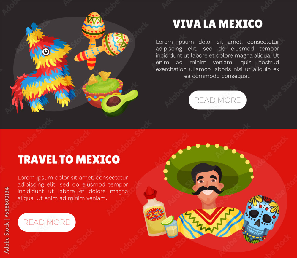 Fototapeta premium Ethnic Mexican Symbols Banner Design with Traditional Objects Vector Template
