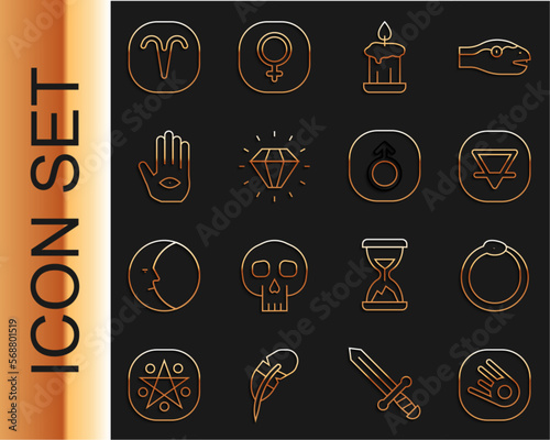 Set line Comet falling down fast, Ouroboros, Earth element, Burning candle, Diamond, Hamsa hand, Aries zodiac and Mars icon. Vector