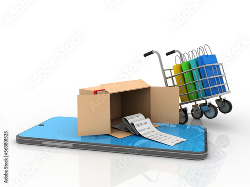 3d rendering Cardboard boxes in mobile with shopping bag in trolley