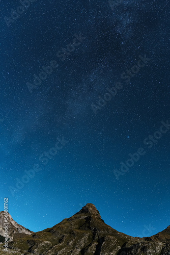 Aerial photography. Mountain landscapes on the background of the starry sky. The Milky Way