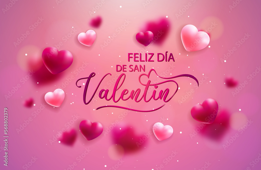 tarjeta o pancarta para desear un feliz Día de San Valentín en rosa y malva sobre un fondo rosa degradado con corazones rosas claros y oscuros con algunos en efecto bokeh y círculos blancos