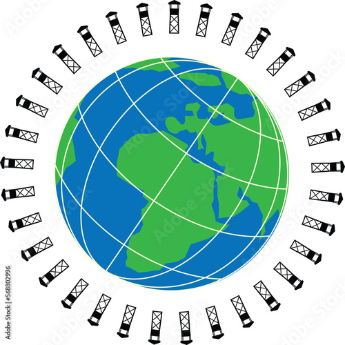 Prison towers are surrounded by the Globe. Total control over the entire population.