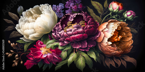 Peonies flowers in rich deep colors ,Baroque flowers, generative ai