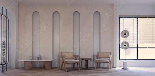 3d rendering,3d illustration, Interior Scene and  Mockup,armchairs and walls decorate the room.