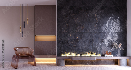 3d rendering,3d illustration, Interior Scene and  Mockup,armchairs and walls decorate the room.