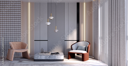 3d rendering,3d illustration, Interior Scene and  Mockup,armchairs and walls decorate the room.