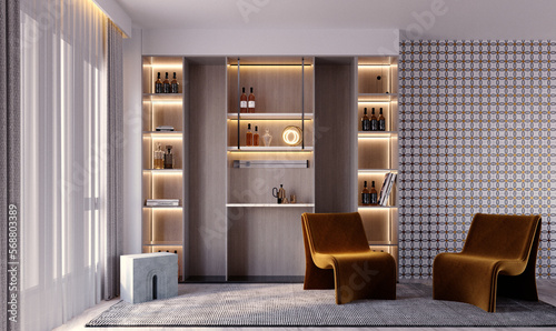 3d rendering,3d illustration, Interior Scene and  Mockup,armchairs and walls decorate the room.